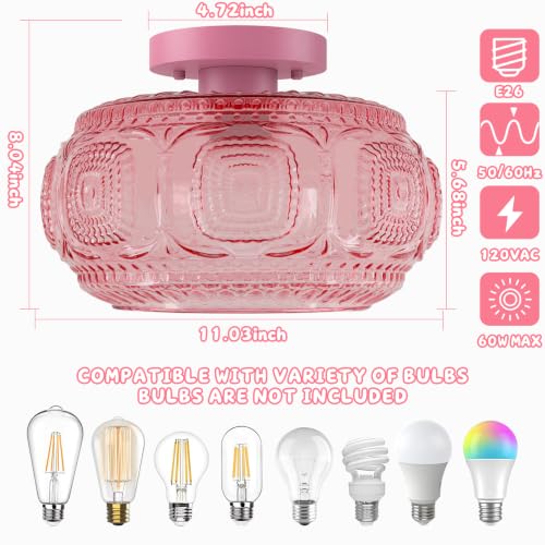 Image of Large Globe Glass Semi Flush Mount Ceiling Light Fixture, Pink
