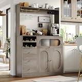 FACBOTALL Kitchen Pantry Storage Cabinet with Hutch, Buffet Cabinet with Storage, Coffee Bar Cabinets with Power Outlets, Microwave Stand, Wine Racks, Kitchen Cupboard for Dining Room, Wash Gray