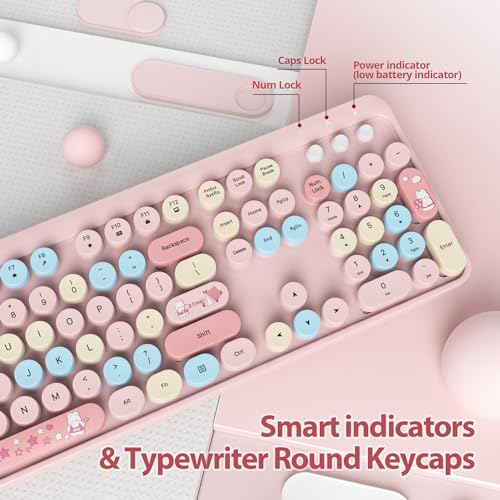Image of Fogruaden Pink Keyboard and Mouse Wireless, Retro Typewriter Keyboard, 2.4GHz 104 Keys Full Size Cute Keyboard with Number Pad, Pink Colorful Keyboard with Retro Round Keycaps for Windows PC Laptop