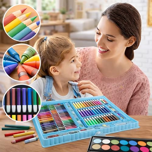 Image of WISHKEY 150 Pieces Art Set for Kids with Case, Art and Craft Supplies Kit for Drawing and Painting, Color Set with Markers, Water Colors, Brush, Color Pencils, Crayons (Pack of 1, Blue)