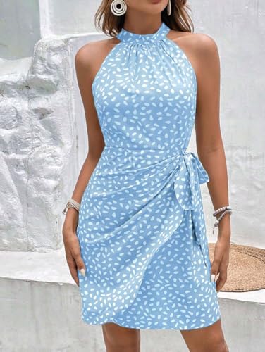 Image of LIGHT DOT Women's Summer Dress Dot Print Halter Neck Tie Waist Casual Zipper Back Sundress Vacation Outfits