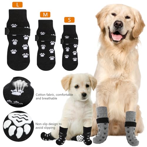 Weniubit 4 Paar Hundesocken Anti Rutsch Doppelseitige, Hundesocken Leckschutz mit Verstellbaren Riemen, Hunde Socken für Hunde im Innenbereich im Freien (M)