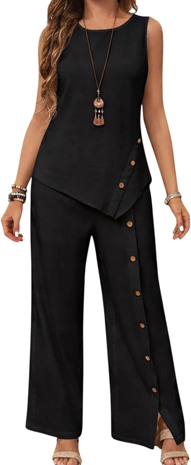 Button Sleeveless Tank Tops With Wide Leg Pants,Womens Sleeveless 2 Piece Set Button Tank Tops And Wide Leg Pants