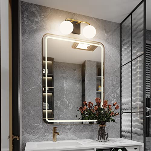 Image of Tipace 2 Lights Mid Century Vintage Bathroom Vanity Light Fixtures Over Mirror Black Gold Industrial Vanity Lights with Milk White Glass Globe Farmhouse Bath Lighting(Exclude Bulb)