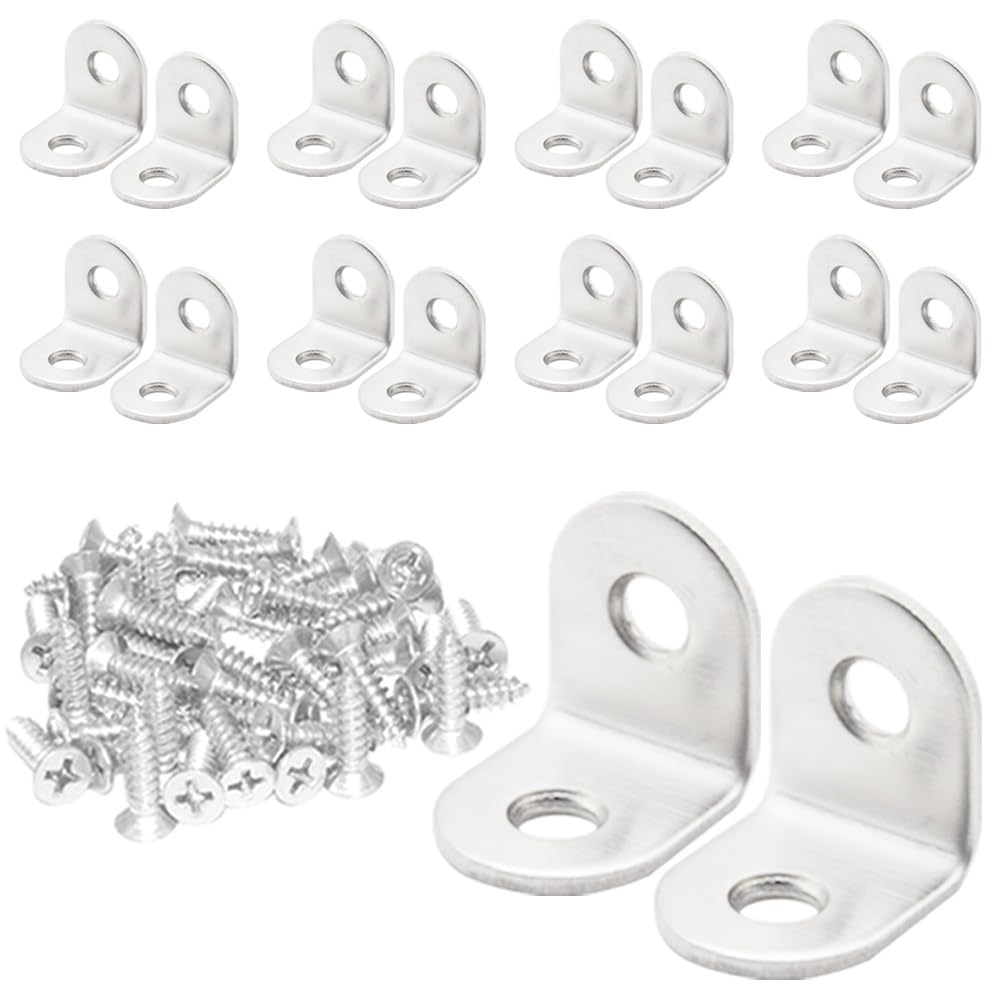Hocansen 20 PCS Corner Bracket 20x20mm L Right Angle Brackets with Screw Stainless Steel 90 Degree Angle Support Corner Brace Brackets Fastener for Tables Wood Furniture(20x20mm/JM)