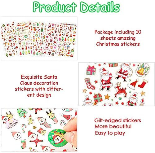 Christmas Stickers, KY-Tech 10 Sheets Christmas Glitter Decals Stickers Snowman, Reindeer, Tree, Bear, Santa Claus Christmas Stickers for Card Making Christmas Craft Card Christmas Decorations