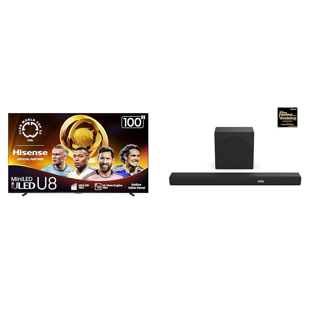 Hisense 100U8QG Mini-LED 4K UHD Smart Google TV AX3100Q 3.1Ch Sound Bar with Wireless Subwoofer
