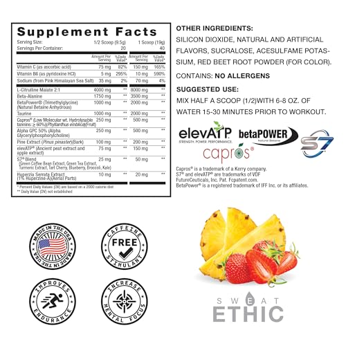 Image of Sweat Ethic Pump Pre Workout Powder, Caffeine Free Pre Workout with Citrulline Malate, Betapower, Beta Alanine, Capros Indian Gooseberry Alpha Gpc, Easy to Mix, Strawberry Pineapple, 42 Servings