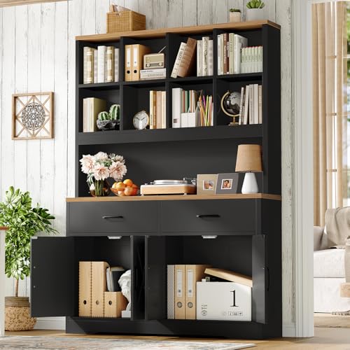 Image of TEENFON Large Bookcases with Drawers and Storage Cabinet, Bookshelf and Bookcase, 5 Tier Floor Standing Bookshelves, 8 Open Storage Shelves and Printer Stand for Study, Living Room, Office