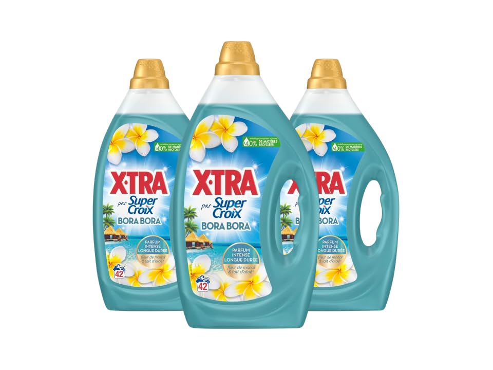 XTra par Super Croix - Lot de 3 Lessives Liquides - Bora Bora - Fleurs de Monoï & Lait d'Aloe - Moment Evasion - Parfum Intense - Longue Durée - Efficace...