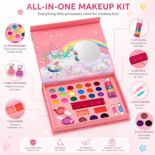 Image of PLUSPOINT Unicorn Kids Makeup Kit for Girls | Pretend Play Beauty Set | Non-Toxic Washable Makeup Toy | Eyeshadow, Blush, Lip Gloss & Accessories | Birthday Gift for Girls Age 5+ Years