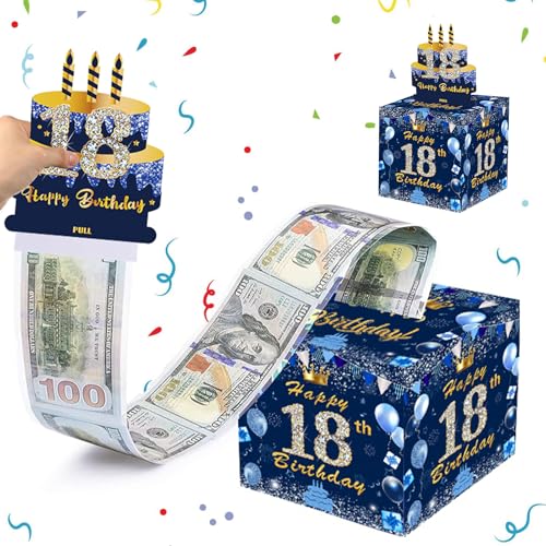 MORAINJAY 18 anos caixa de presente com surpresa de dinheiro para aniversários, caixa de dinheiro removível azul-marinho dourado, festas e decoração, inclui envelopes e adesivos