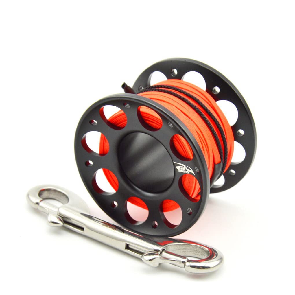 Tenere Bobina di Spool Immersione Portatile Corda Poliestere Pesca Accessori Subacquei Gancio Doppio Nero 15m