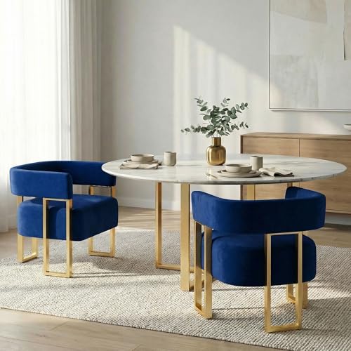 Image of Velvet Dining Chairs Set of 2, Blue Upholstered Accent Armchairs, Gold Legs