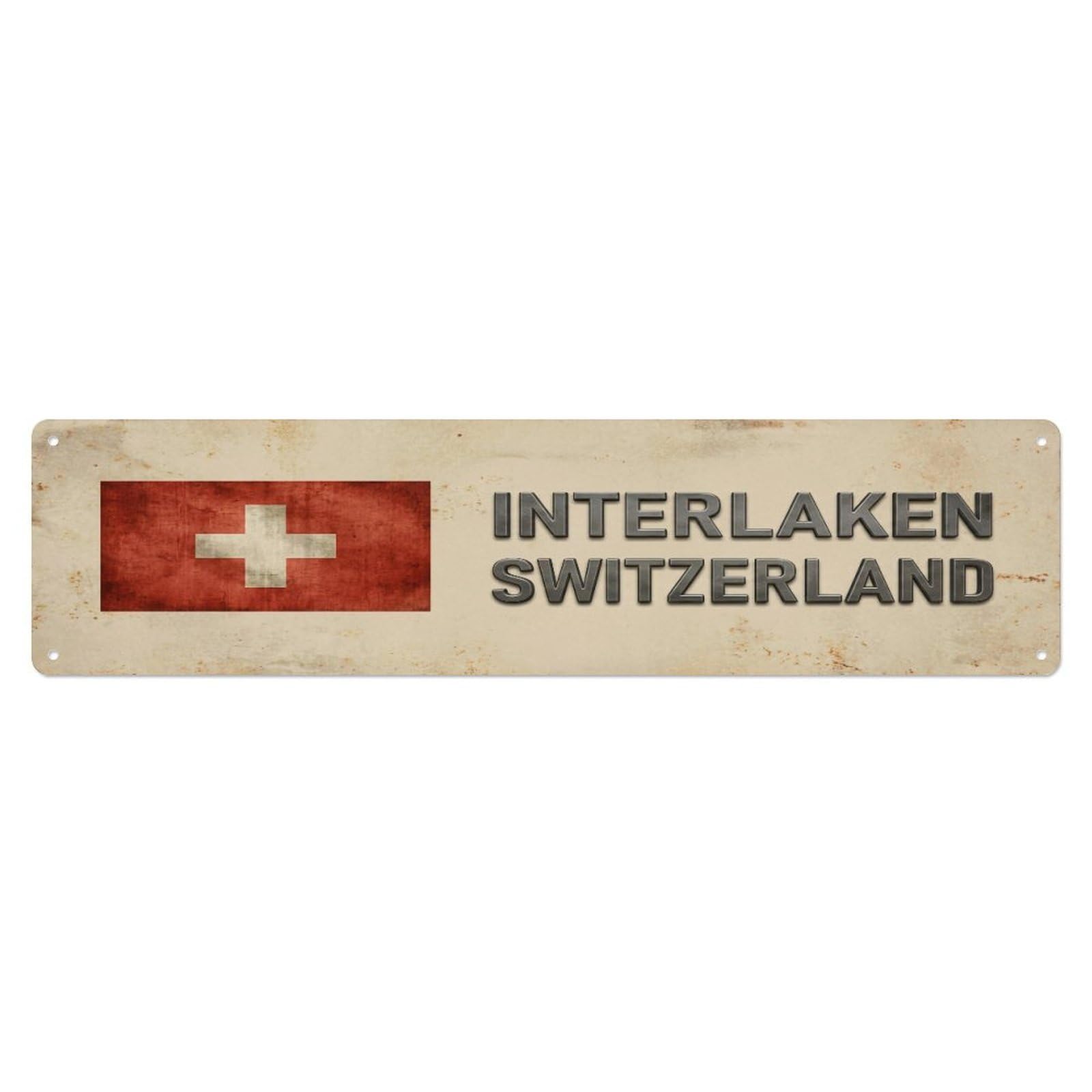 Okahys 4X16inch(10X40cm) Vintage Interlaken Switzerland Flag Decor Rustic Travel Metal Tin Sign
