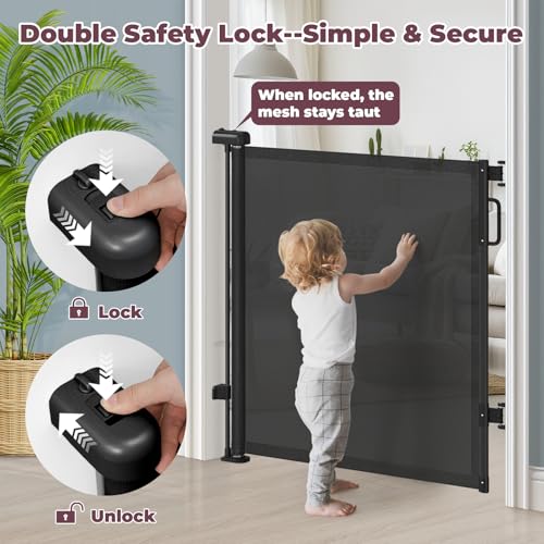 Image of 42 inch Extra Tall Retractable Baby Gates, 76 inch Wide Dog Gate for Stairs | Mesh Gate Indoor Outdoor for Doorways Deck Kitchen, Long Safety Gate for Child Toddler, Prevent Pet from Jumping Over, Black