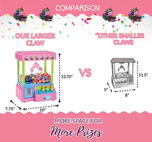 Bundaloo Unicorn Claw Machine Arcade Game and Candy Dispenser for Small Prizes Toys and Treats, Plays Original Arcade Music Sounds, Cool Mini Vending Machine