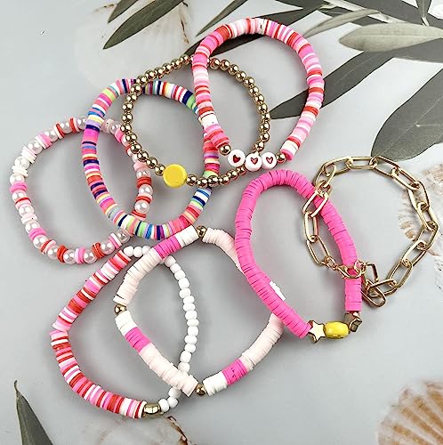 WAINIS 44 Pcs Surfer Heishi Clay Bead Bracelets for Women Bohemian Stackable Beaded Stretch Bracelets Elastic Layering Friendship Bracelets Set Boho Jewelry Cute Bracelets for Concert Beach Vacaiton 5