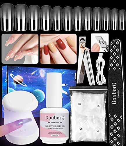 Nail Tips kit, 500PCS Acrylic Coffin False Nail with 15ML/0.5 Fl Oz 4-IN-1 Nail Glue, Mini LED Nail Lamp, Nail Clipper, Nail File Kit DIY Nail Art Tools (Short Coffin Nail Tips Kit)