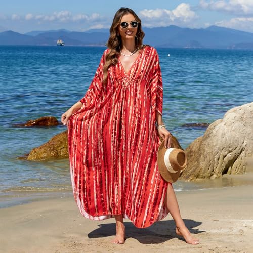 Image of IMAGEKOPE Women's Plus Size Animal Print V-Neck Batwing Kaftan Beach Dress Bathing Suit Cover-Up Loungewear