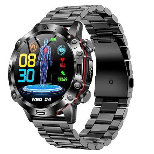 JUSUTEK 2025 革新 スマートウォッチアウトドアスポーツ通話機能付き,466*466解像度1.43インチAMOLED腕時計,24時間超全面機能,Bluetooth5.2,smart watch,軍用規格,常時点灯可能,音楽制御,音楽再生,Hband,女性機能,SOS緊急連絡,Line通知,着信表示,iphone&コンパチブル対応,贈り物,日本語対応,日本語説明書付き (黒鋼)