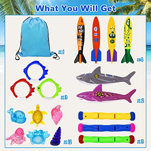 24 Pcs Pool Diving Toys For Kids Ages 4-8, Underwater Summer Swimming Dive Toys Set For Kids Ages 8-12 Include Diving Rings Diving Sticks Torpedo Shark Sea Animals For Boys Girls #TOP1