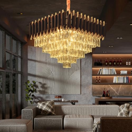 Image of TRIXY Chandeliers Lights for Ceiling Black Gold Square Crystal Pendant Light Lamp | 2 Tier, K9 Crystal 300mm Elegant Jhoomar Lamp for Living Room, Bedroom, Dining Area Home Decor Lighting Lamp