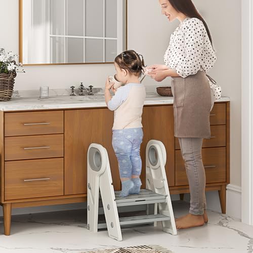 Miniatura 2 de Aiyaplay Taburete Para Niños Plegable Torre De Aprendizaje Ajustable Escalera Para Niños De 18-60 Meses Antideslizante Para Baño Cocina Librería Dormitorio Gris Y Blanco