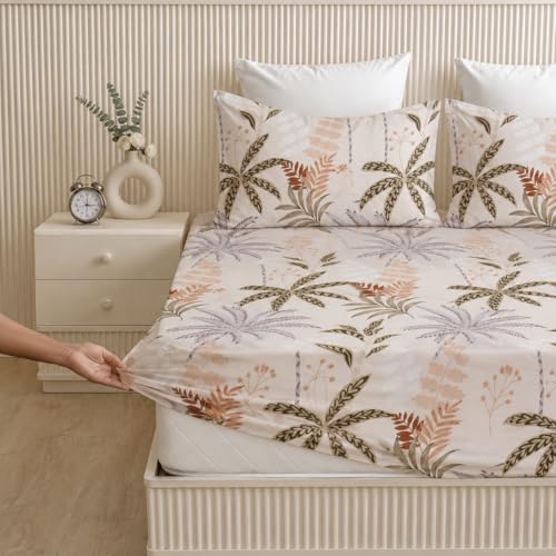 Image of 250 TC Glace-Cotton All Around Elastic Fitted Bedsheet, Elastic Fitted Bedsheet King Size Bedsheet for Double Bed with 2 Pillow Covers, Size - 72 x 78 x 8 Inch Color White