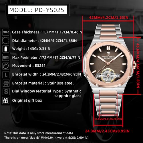 Image of RollsTimi Pagani Design YS025 Men's Automatic Watch Skeleton Dial Tourbillon-Style E3251 Movement Sapphire Crystal 100M Waterproof Stainless Steel Luxury Sports Watch