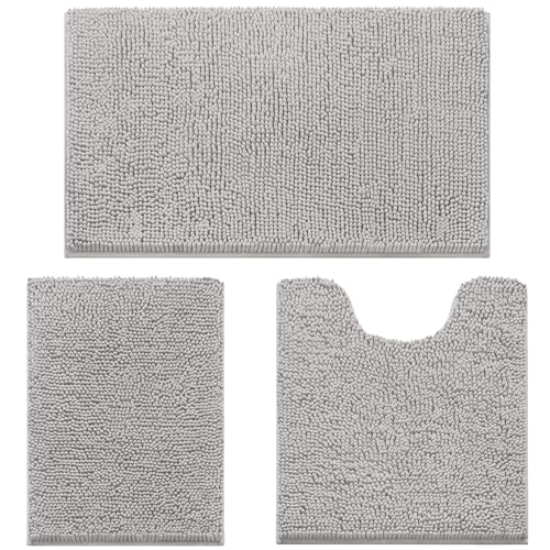 wyewye 3-Piece Chenille Bath Mats - Super Absorbent, Fluffy Shaggy, Non-Slip Bath Rugs for Machine-Washable, Quick-Dry, Light Grey