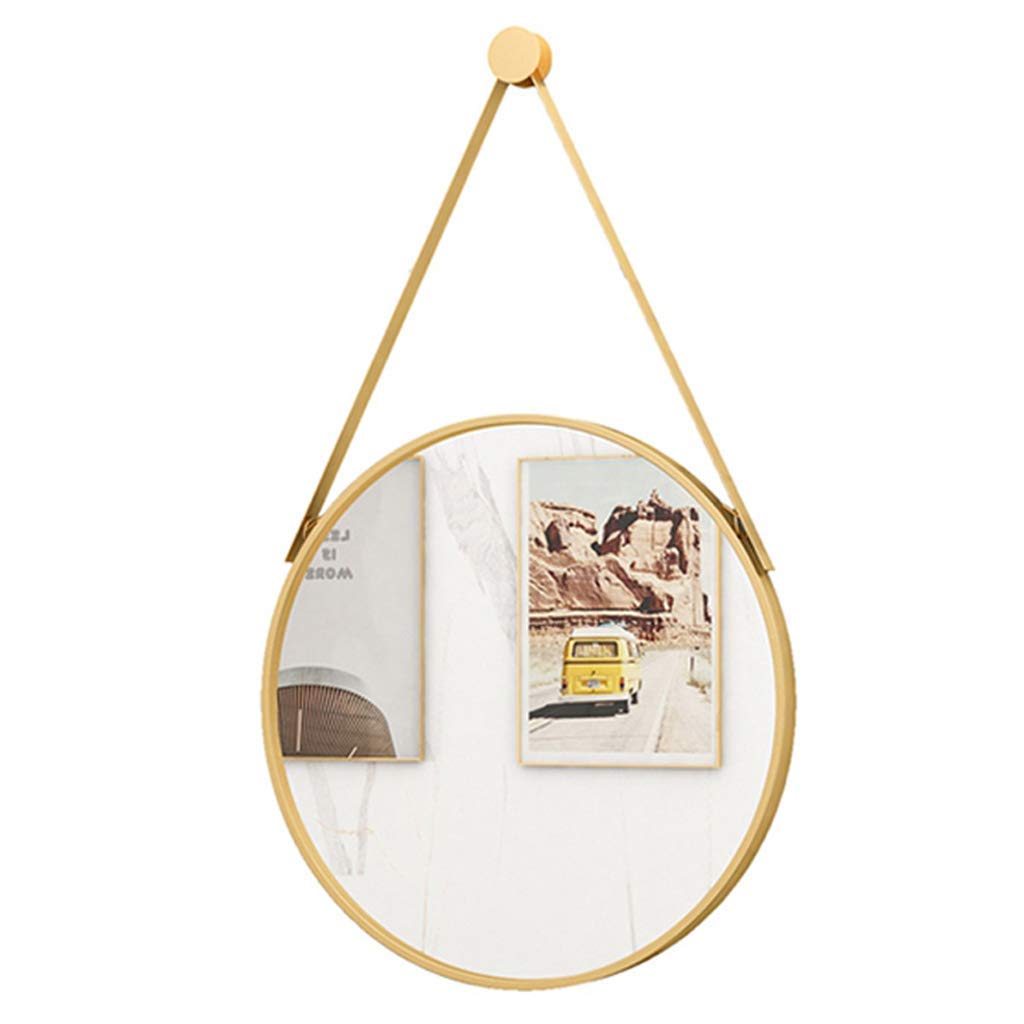 TYUHDUYUR Nordic Round Wall Mount Mirror Bathroom Hanging Metal Framed Glass Mirror with Chain 2 Colours 4 Sizes (Golden 50cm)