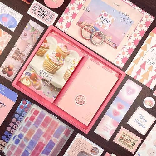 Image of VOTDOT (346Pcs) Paper Junk Journal & Scrapbook Kit, Scrapbooking Supplies Kit with Creative Decor Journaling Supplies, Stationery, Stickers, A6 Grid Notebook with Graph Ruled Page Gift for Girl (Pink)