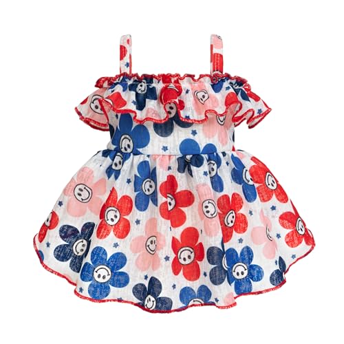 Fitwarm Patriotic Floral Smiley Face Dog Dress, 4th of July Outfit for Small Dogs Girl, Festive Pet Clothes, Red, White, Blue, Pink, Small