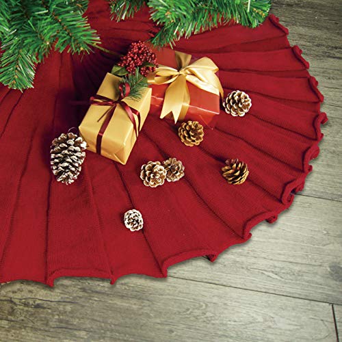 LimBridge Christmas Tree Skirt, 48 inches Knitted Ruffled Rustic Pleated Thick Heavy Yarn Knit Xmas Holiday Decoration, Red