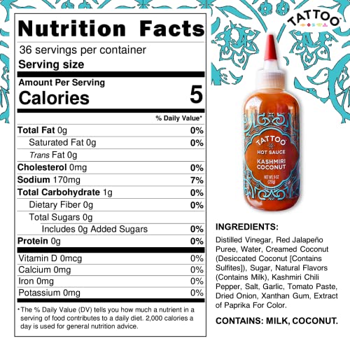Tattoo Hot Sauce, Authentic Kashmiri Coconut, Flavor Packed & Delicious, Mild-Medium Scoville, 9 Oz (Kashmiri Coconut, 9 Ounce (Pack Of 6)) #TOP3