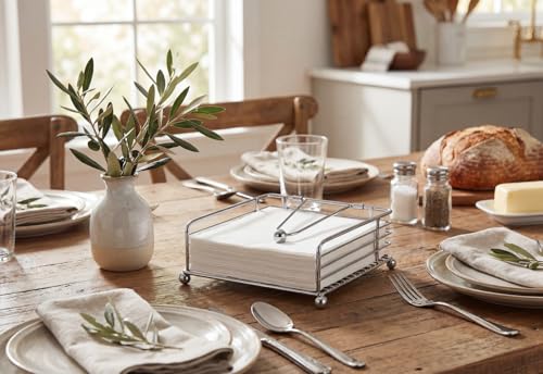 Napkin Holder for Table, Flat Napkin Dispenser with Weighted Arm, Square Cocktail Paper Holder of Elegant Rustic Iron for Kitchen Dining Room Decor Restaurant Farmhouse Hotel Party, Bright Silver - Thumbnail 2