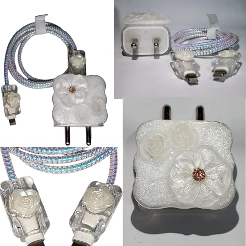 Image of Cable Protector with 3D Cute Pattern for iPhone Charger only 18W & 20W, Data Charging Cable Wire Saver Protective Cable Cover Full Protection Cable Sleeve (3D WHITE FLOWER)