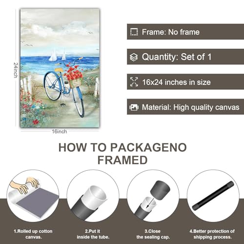 LumWesry Coastal Beach Wall Art Seaside Bicycle Wall Art Blue Retro Bike Wall Art Bicycle With Flowers Painting for Bathroom Coastal Artwork for Walls Room Decor Poster 16X24in Frameless - Image 7