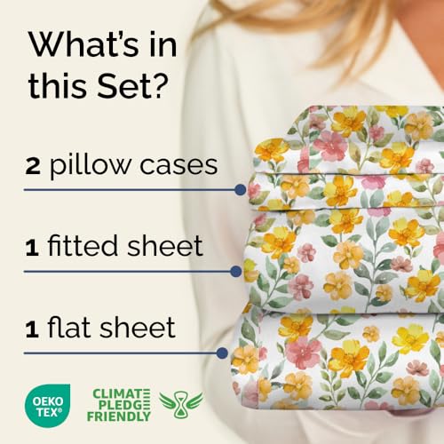 Image of Queen 4 Piece Floral Sheet Set - Breathable & Cooling - Sun Kissed Bloom