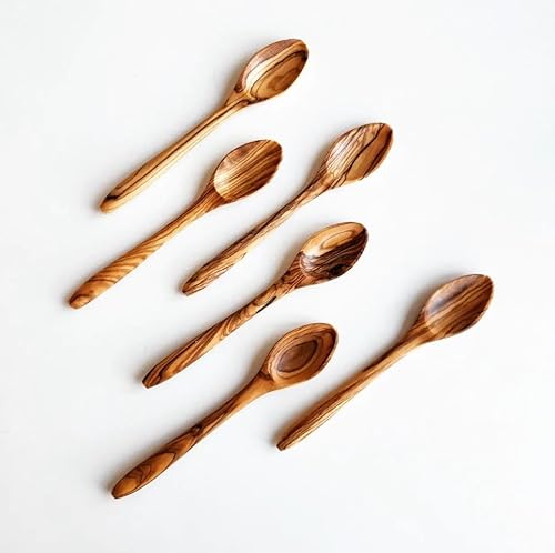 DYARI 6 Pieces Small Olive Wood Spoons - 5.5 inches long - Mini Hand Carved Non Toxic - Suitable for Small Jars of Jam - Coffee Spices Tea Sugar Spoon