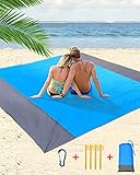 Esterilla Playa Plegable, 200 x 210cm Manta Picnic para 4-7 Adultos, 210T Alfombra de Playa de Poliéster Antiarena Impermeable con 4 Anclajes Fijos, para Playa, Camping, Picnic, Piscina, Azul y Gris