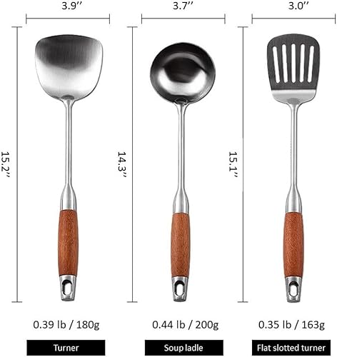 Miniatura 7 de Juego de utensilios de cocina de acero inoxidable con mango de madera, 8 utensilios de metal, utensilios ergonómicos y cómodos para servir, cuchara