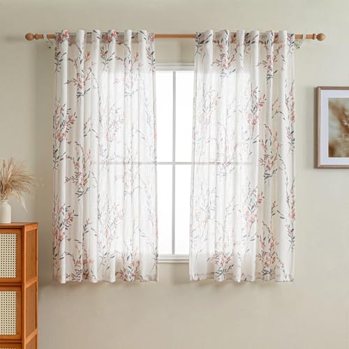 Image of MYSKY HOME Floral Sheer Curtains 63 Inch Long Linen Blended 2 Panels Coral | Bedroom Living /Dining Room Floral Light Filtering Curtains Patterned Privacy Protect Farmhouse Window Treatment 50 inch W
