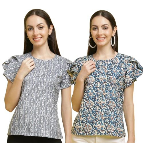 Image of Pinkmint Combo Top's for Women Stylish Ruffle Trim Petal Sleeve Tops (Pack of 2)