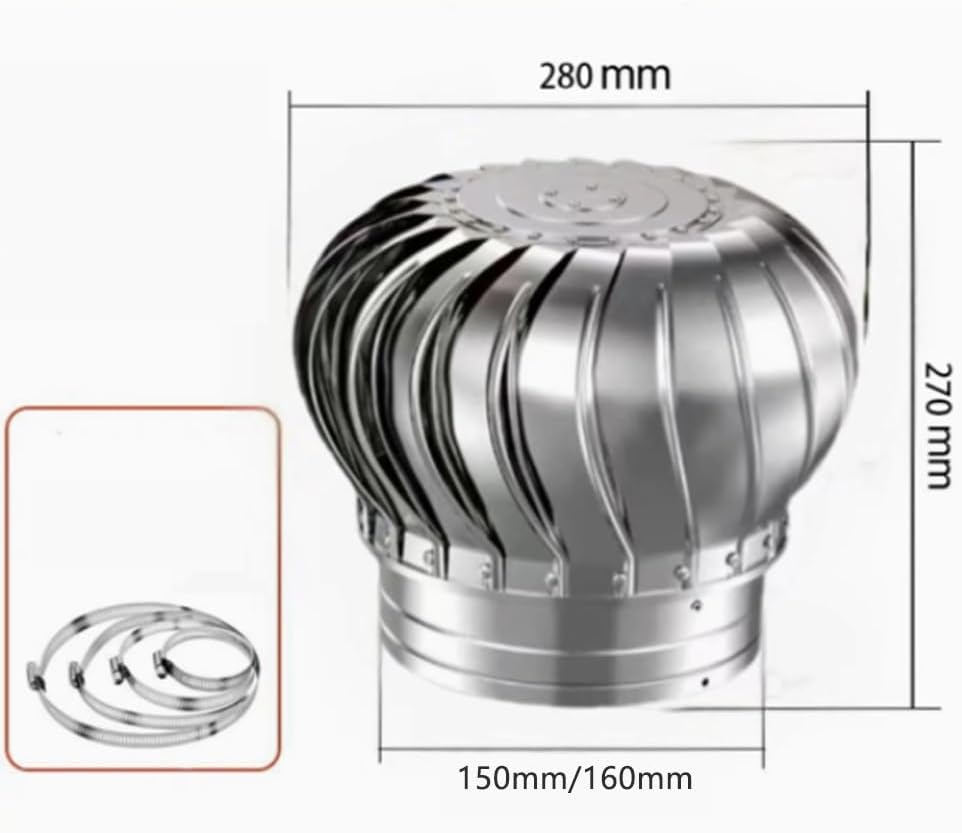 4in 6in 8in 10in 12in Roof Vent Cap Rotating Roof Turbine Ventilator, 304 Stainless Steel, Factory Attic Farm Flue Exhaust Hood(150mm/6in)