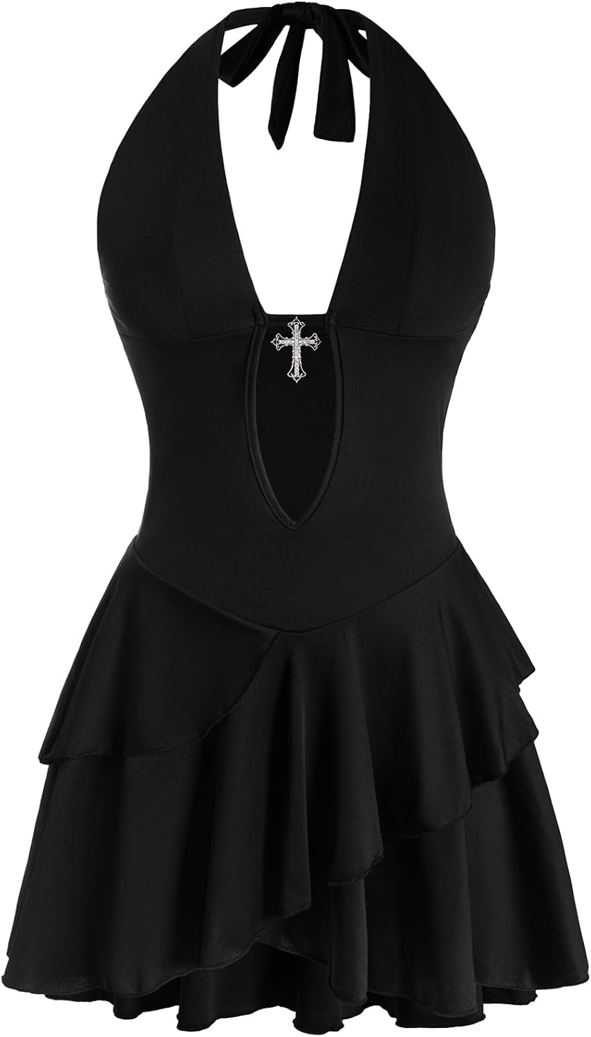 SOLY HUX Women's Gothic Halter Ruffle Mini Dress Backless Party Club Bodycon Dresses