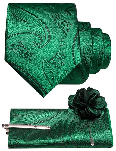 Jemygins Set Cravate Baroque Paisley pour Homme avec Mouchoir, Pince à Cravate, Fleur à Boutonnière - Élégant pour Mariage, Gala, Business - Multicolore, vert, Einheitsgröße