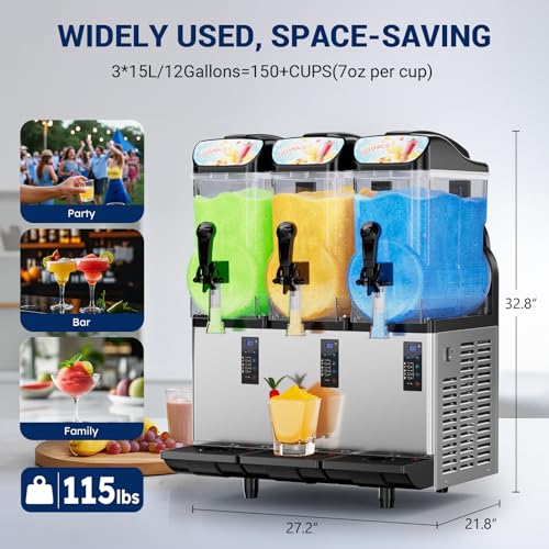 Image of Slushie Machine Commercial, 15Lx3 Tanks Commercial Slushy Machine, Large Margarita Machine with LED Light, Quick Making, Slushie Machine for Restaurant Bar Beer Home Party Alcoholic Drinks, Silver
