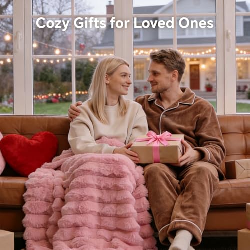 Image of BEDELITE Faux Fur Throw Blanket for Couch, 770GSM, 60 inch x 80 inch, Pink | Soft and Cozy Luxurious 3D Striped Fluffy Blanket, Warm Plush Fuzzy Faux Rabbit Fur for Women Gift, Stylish Room Decor